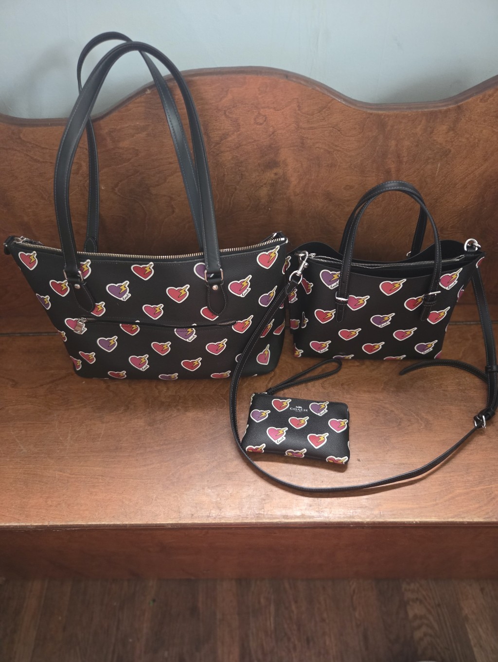 Coach Black Heart-Print Tote Trio With Pink And Red Accents